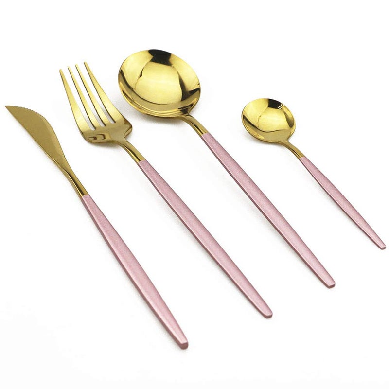 JANKNG 24-Piece Flatware Set, 18/0 Stainless Steel Knife Fork Spoon Teaspoon Silverware Set, Service for 6, Pink Handle Gold - Image 3